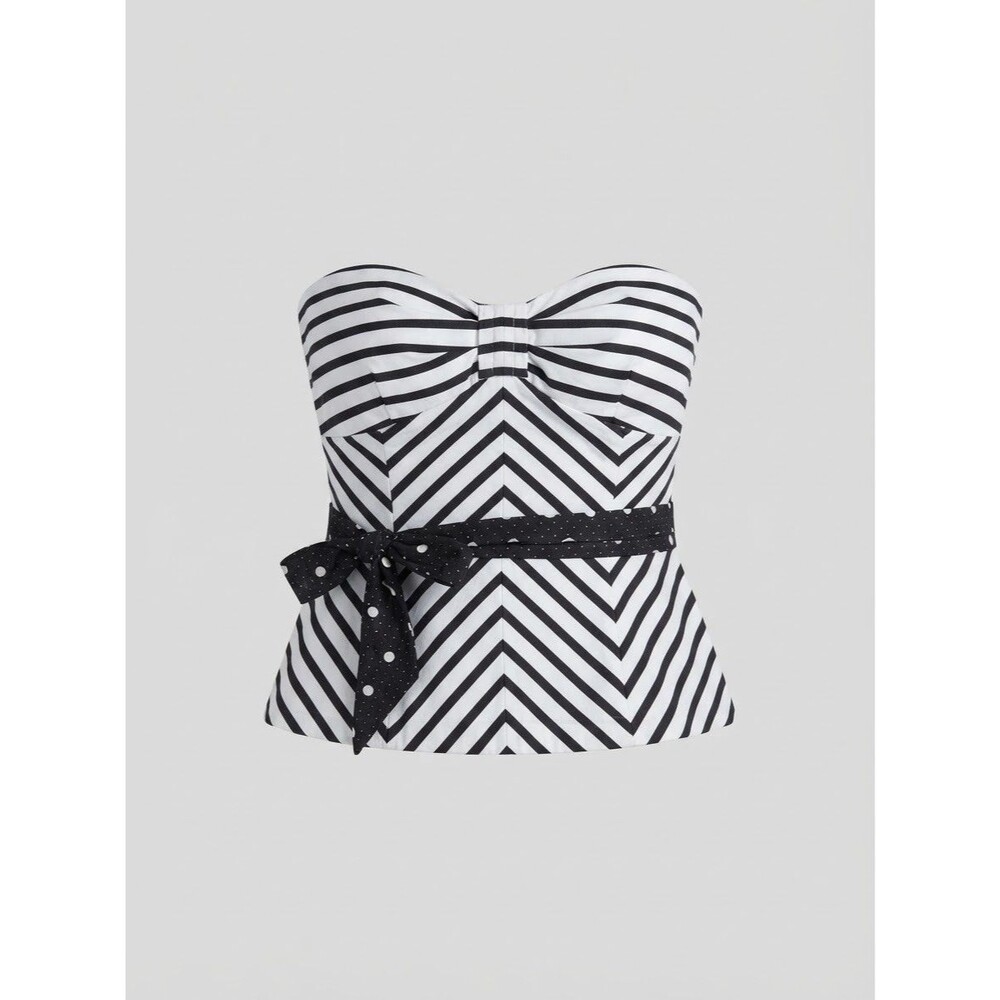 White House Black Market Strapless Top Size 2 Black White Stripe Polka Dot Sash
